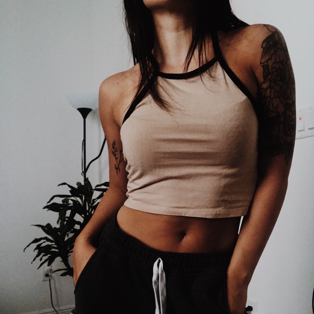 beige + black halter top